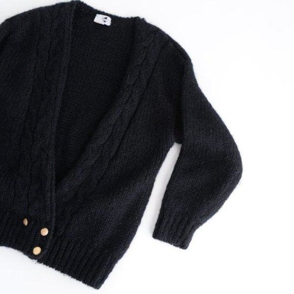 Vintage Eaton Black 50% Wool Open Face Cardigan with Buttons Size GL - Picture 5 of 10